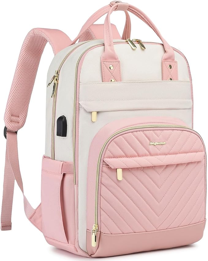 Laptop Backpack for Women Work - 15.6 Inch Travel Backpack Fashion Work Business Backpacks Purse Warterproof College Teacher Nurse Computer Daypack Beige Pink
