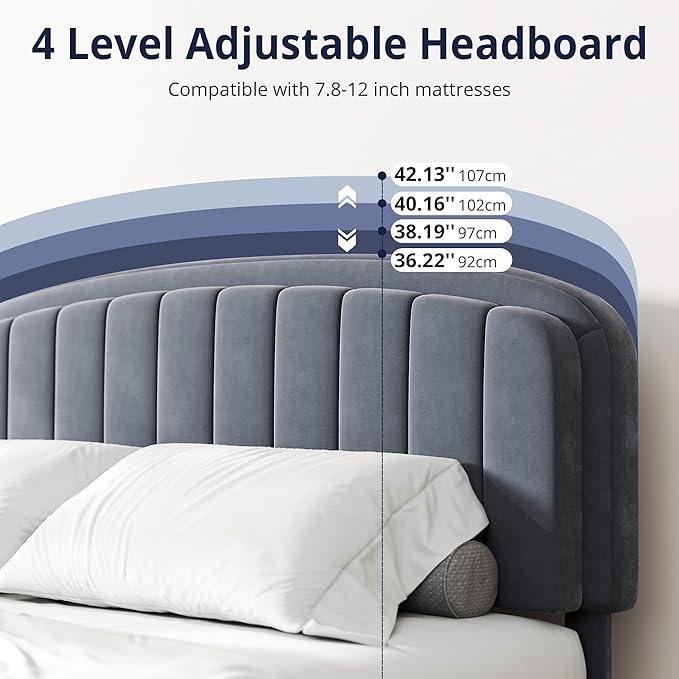 Cozy Castle Queen Bed Frame with Adjustable Vertical Channel Tufted Headboard, Velvet Upholstered Platform Bed with Wood Slats, Mattress Foundation, No Box Spring Needed, Easy Assembly, Gray