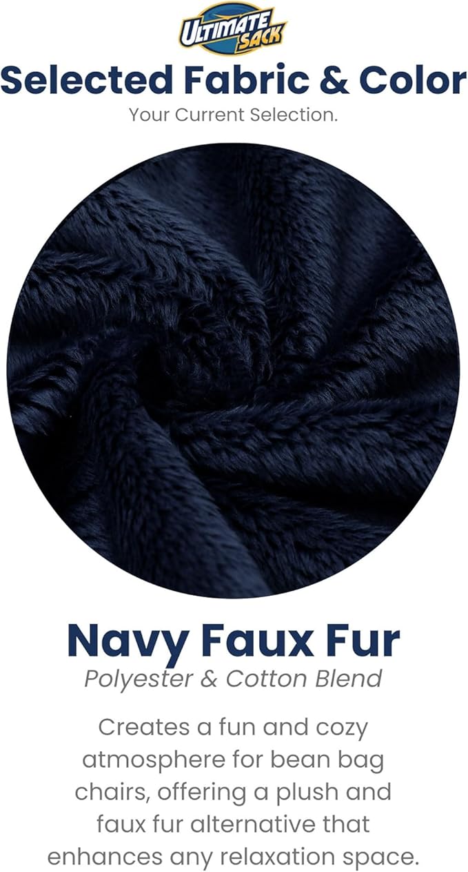 Ultimate Sack 6000 6-Foot Bean Bag Chair, Navy Fur Cover – Oversized Foam Lounger, Floor Seat, Small Sofa, or Couch Bed for Living Area, Gaming Room, or Reading Lounge