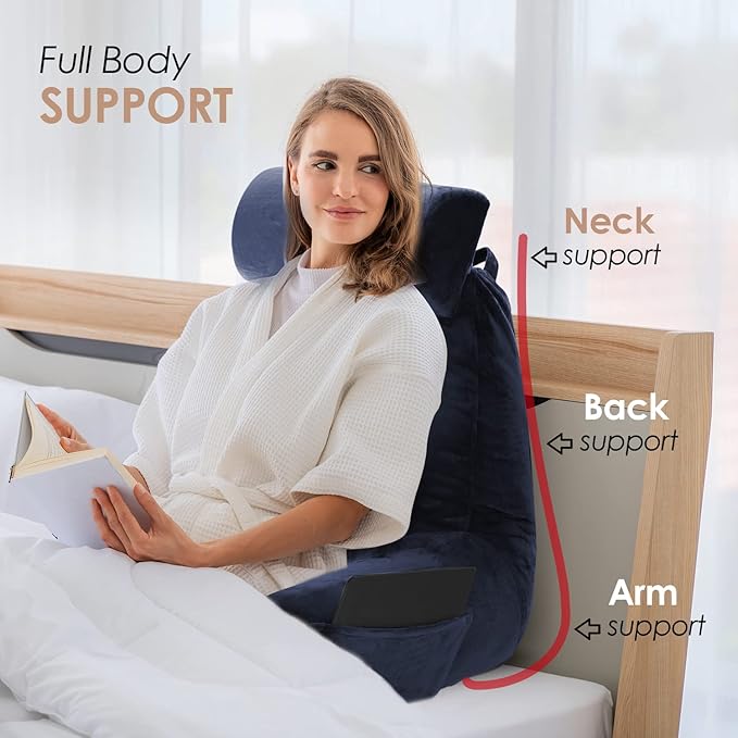 Nestl Reading Pillow with Shredded Memory Foam Includes 2 Neck and Lumber Support Pillows, Designed for Sitting Up in Bed and Couch, Back and Arms Adjustable Support for Adult & Teens, Navy Blue
