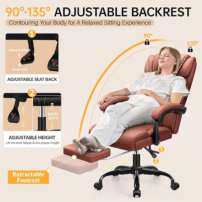 Office Chair, Executive Big and Tall Leather Desk Chairs with Footrest, Ergonomic Breathable Computer Chair with Adjustable High Back, Lumbar Support Swivel PC Chairs with Rocking Function