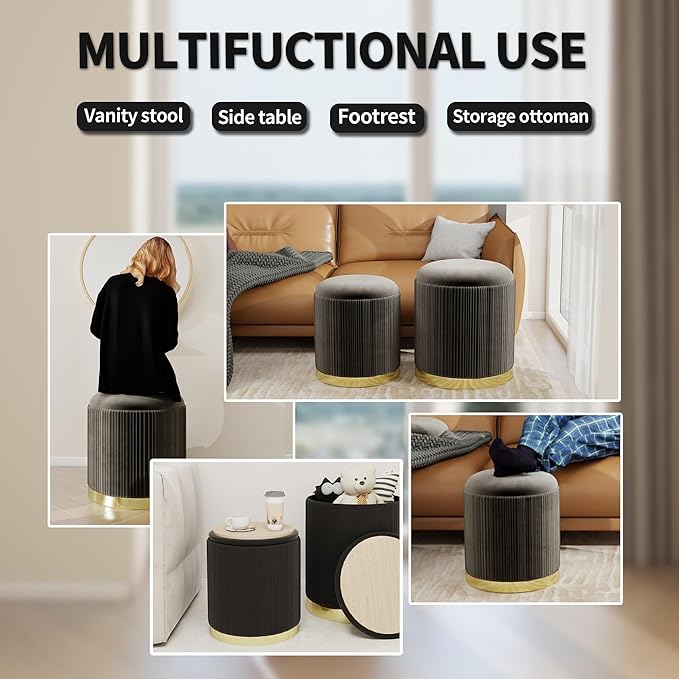 Twira Round Ottoman with Storage Set of 2, Velvet Nesting Ottoman for Living Room,Bedroom,Dorm,RV, Flip-up Lid Coffee Table, Upholstered Makeup Vanity Stool,Multifunctional Foot Rest 330lbs Load Black