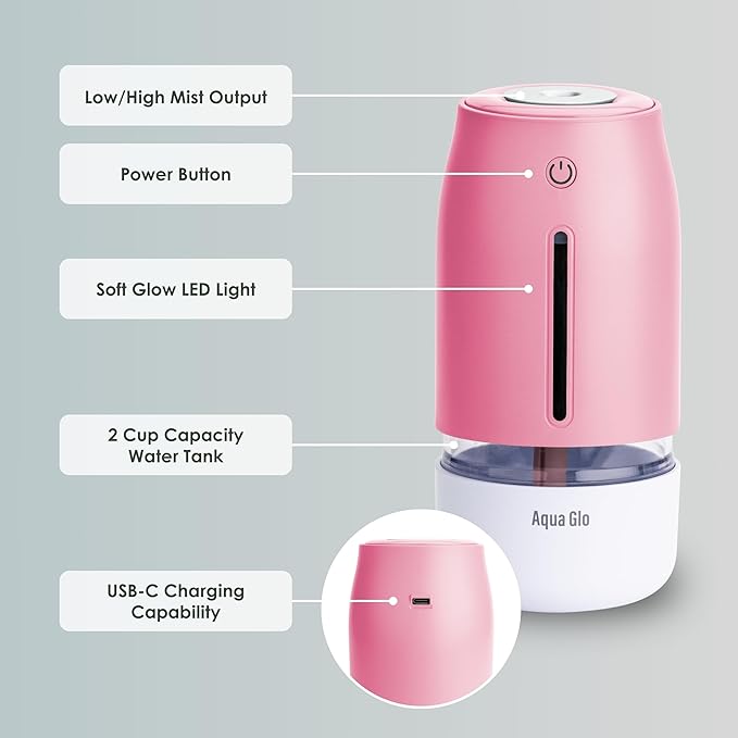 Aqua Glo Personal, Portable Humidifiers for Bedroom – Ultrasonic Cool Mist Humidifier with Built In Rechargeable Battery. Air Humidifier for Baby, Plants, Home, Office, Travel. Rose Quartz