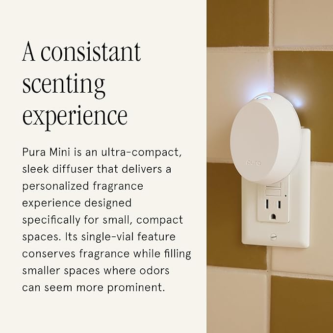 Pura Mini Smart Fragrance Diffuser for Small Spaces Adjustable Smart Home Device with LED Light & Automatic Vial Detection - Includes 1 Scent Refill; Linens & Surf