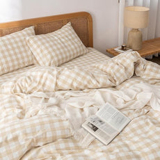 BESTOUCH Duvet Cover Set 100% Washed Cotton Linen Feel Super Soft Comfortable Chic Lightweight 3 PCs Home Bedding Set Almond Grey & White Grid King