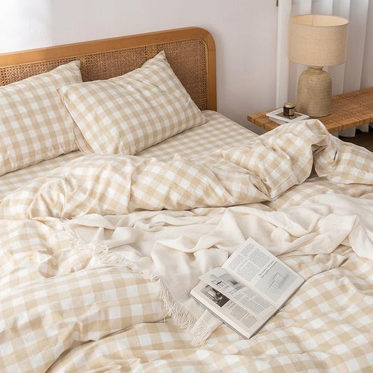 BESTOUCH Duvet Cover Set 100% Washed Cotton Linen Feel Super Soft Comfortable Chic Lightweight 3 PCs Home Bedding Set Almond Grey & White Grid Queen