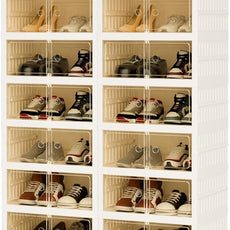 Foldable Shoe Organizer Storage Box Set of 2, Portable Extra Large Folding Shoe Rack for Closet, Shoe Storage Box with Magnetic Transparent Door and Wheels, 9 Layers 18 Grids with 2 Big Grids