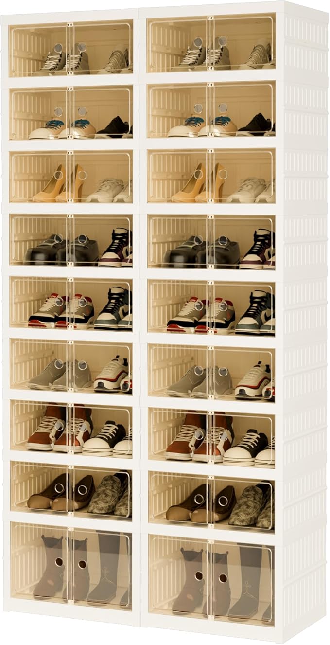 Foldable Shoe Organizer Storage Box Set of 2, Portable Extra Large Folding Shoe Rack for Closet, Shoe Storage Box with Magnetic Transparent Door and Wheels, 9 Layers 18 Grids with 2 Big Grids