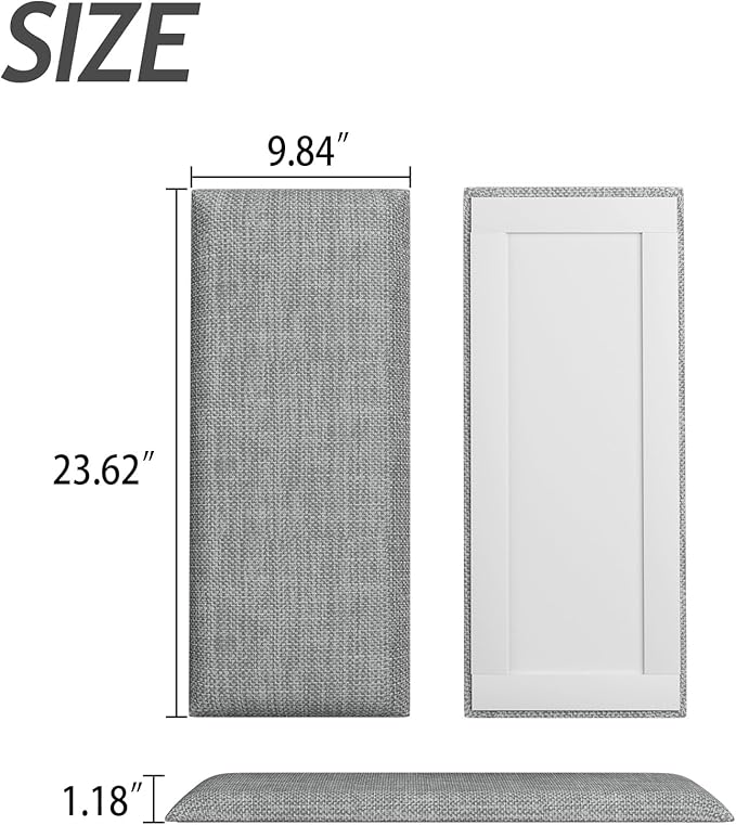 Upholstered Wall Mounted Headboard, Acoustic Panel, Peel and Stick Wall Padding, Light Grey Dorm Towel Fabric, 6-Pack