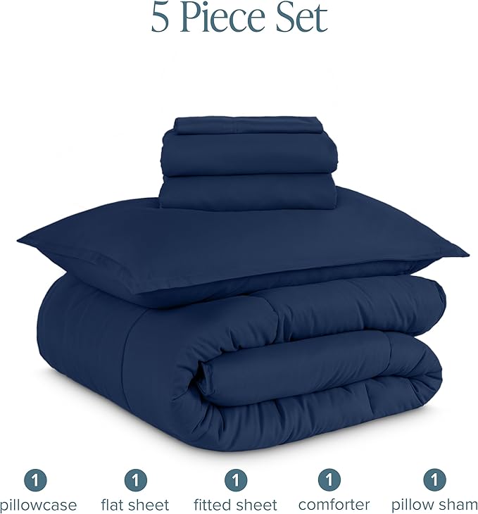 Bare Home Bed-in-A-Bag 5 Piece Comforter & Sheet Set - Twin - Goose Down Alternative - Ultra-Soft 1800 Premium Bed Set (Twin, Dark Blue/Dark Blue)