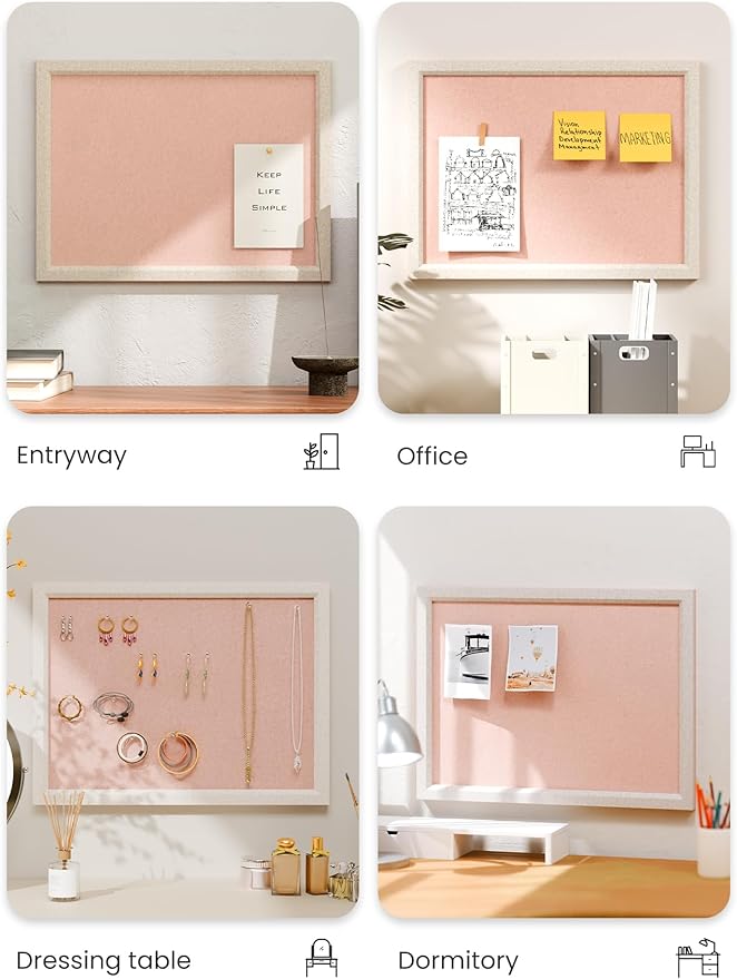 Felt Cork Board Alternative, Felt Bulletin Board 16" x 12" Oatmeal Frame with 8 Adhesive Tabs, Pin Board for Home Office, Classroom, Entryway, Kitchen Wall Decor—Pink