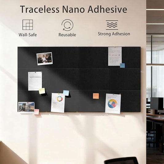 12 Pack Cork Boards for Walls, 48" x 24" Large Felt Wall Tiles, Black Bulletin Board Paper with Safe Removable Adhesive Tabs, Pin Corkboard for Office Home Decor