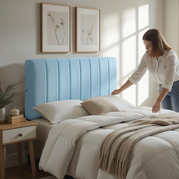 Hearth & Harbor Upholstered Full Headboard - Easy Assemble Channel Stitched Headboard Full Size - Wall Mounted Headboards with 3D Soundproof Wall Panels Peel & Stick Floating Headboards, 08-Ice Blue