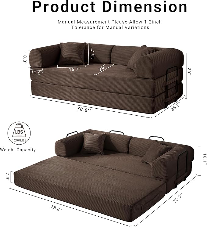 Compressed Sofa, Convertible Sofa Bed, Corduroy Compression Boneless Couch with Pillow, Comfy Modular Foldable Floor Sleeper Sofa for Bedroom, Living Room, Lounge, Studio (Brown)
