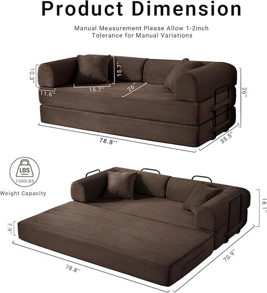 Compressed Sofa, Convertible Sofa Bed, Corduroy Compression Boneless Couch with Pillow, Comfy Modular Foldable Floor Sleeper Sofa for Bedroom, Living Room, Lounge, Studio (Brown)
