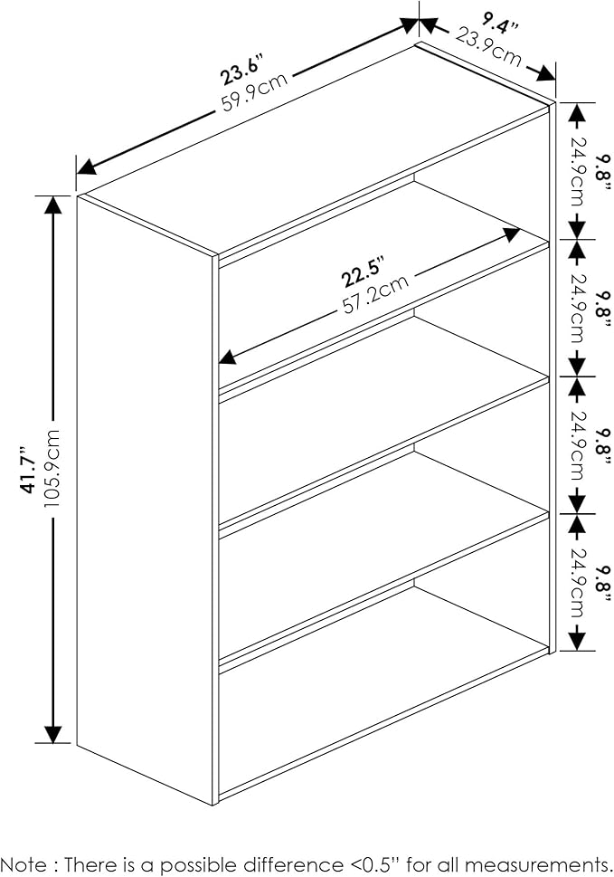 Furinno PASIR Book Shelf, 4-Tier Bookshelf, Bookcase with Open Shelf, 9.4 x 23.6 x 41.7, for Living Room, Bedroom, Home Office, Espresso