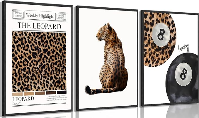 Set of 3 Trendy Leopard Canvas Wall Art Funky Lucky 8 Ball Posters Prints Preppy Room Aesthetic Cheetah Wall Decor Paintings Pictures for Girls Bedroom Apartment Dorm 16x24in Unframed