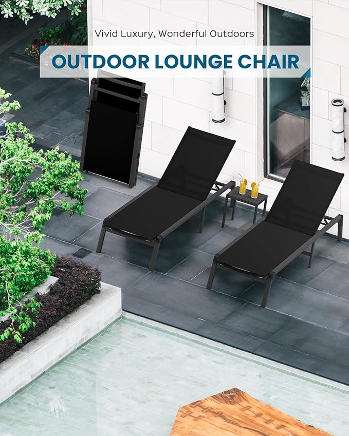 Foldable Pool Lounge Chairs, Aluminum Chaise Lounge Outdoor with 5 Positions Recliner - Free Assembly - Patio Lounge Chair for Poolside, Beach (Black)