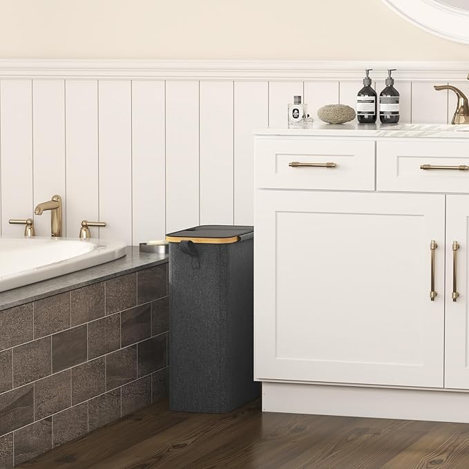 Lifewit 50L Slim Laundry Hamper with Lid, Narrow Laundry Basket with Removable Bag & Bamboo Handles, Fodable Thin Dirty Clothes Hamper for Laundry Collapsible Bin for Bathroom Bedroom Dorm, Dark Gray