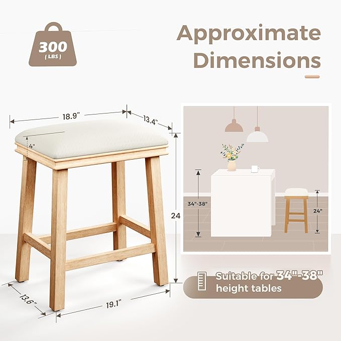 MAISON ARTS Off White Counter Height 24 inch Bar Stools Set of 2 for Kitchen Counter Solid Wood Legs with Faux Leather Padded Seat Farmhouse Barstools for 34"-38" Counter Island Upholstered Stools