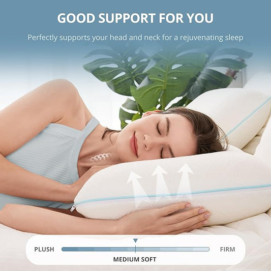 EGOHOME Memory Foam Pillow for Sleeping Standard Size, Medium Soft Bed Pillow with Washable Removable Cover for Back, Stomach, Side Sleepers, White 24" x 16"