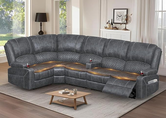 Manual Reclining Sectional Sofa Set, 5 Seats 1+1+3 Dutch Velvet Reclining Corner Sectional Couch, Family-Sized L-Shaped Recliner Couch with USB Charging, Thickened Padding, Sturdy Frame, Grey