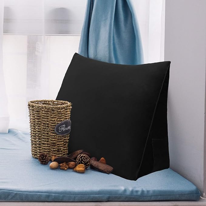 Wedge Headboard Pillow Dorm Room Reading Pillow Back Support for Sitting Up in Bed Bolster Lumbar Cushion Body Positioning Bedrest (Black, 24x8x20 in)