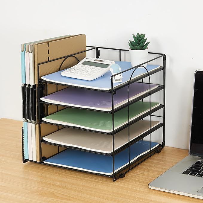 Desk Organizers and Accessories, 5-Tier Paper Letter Tray Organizer with File Holder, Desktop Organizer for Office Supplies (Black)