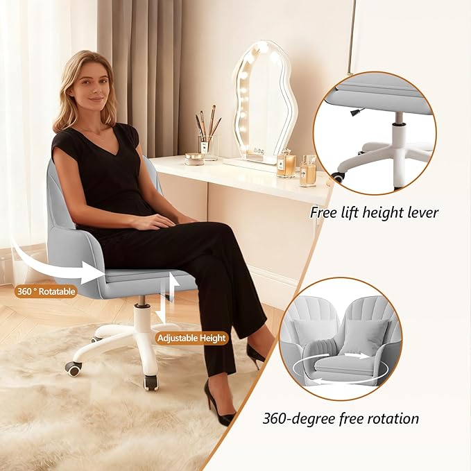 Cute Home Office Chair Velvet Upholstered Desk Chairs with Mid Back Swivel Adjustable Makeup Vanity Computer Chair with Wheels