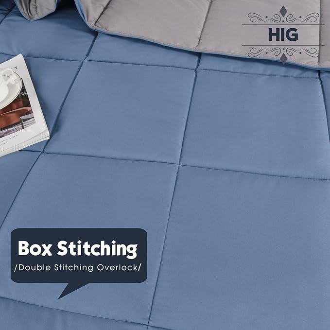 HIG 3pc Dusty Blue King Size Comforter Set - All Season Reversible Down Alternative Comforter with Sham - Quilted Duvet Insert with Corner Tabs - Box Stitched Blanket - Breathable, Soft, Fluffy