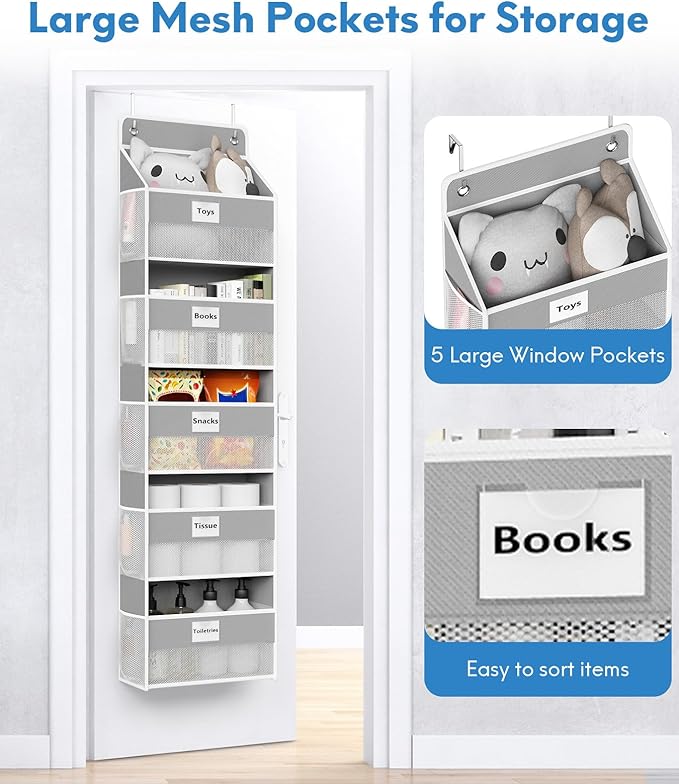 Over The Door Organizer Hanging, 5 Shelf Behind The Doors Storage, Pantry Door Organizer, Closet Organizers for Bedroom and Nursery (Grey)