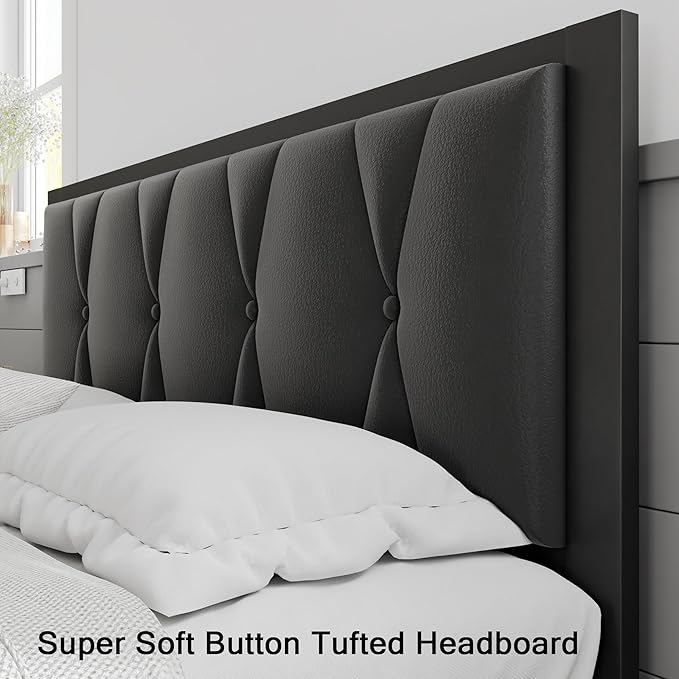 Full Size Metal Bed Frame, Platform Bed with Faux Leather Button Tufted Headboard, 12" Underbed Storage, Steel Slats Support, No Box Spring Needed, Easy Assembly, Noise-Free, Black