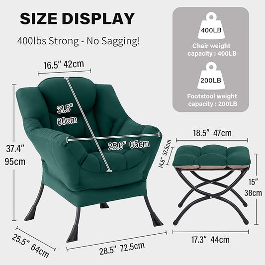 Tiita Lazy Chair with Ottoman, Modern Large Accent Lounge Armchair, Comfy Leisure Sofa Reading Chair with Footrest for Bedroom, Living Room, Dorm Rooms, Garden and Courtyard, Green