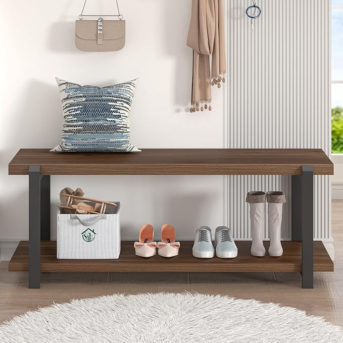 FOLUBAN Entryway Bench with Shoe Storage, Modern End of Bed Bench, Wood and Metal Entry Bench for Hallway Front Door Entrance, Industrial Indoor Bench for Bedroom Living Room, Rustic Walnut, 47 Inch