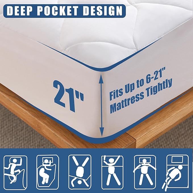 Cal King Size Quilted Fitted Mattress Pad, Waterproof Breathable Cooling Mattress Protector, Stretches up to 21 Inches Deep Pocket Hollow Cotton Alternative Filling Noiseless Mattress Cover