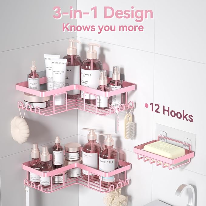YASONIC Corner Adhesive Shower Caddy, with Soap Holder and 12 Hooks, Rustproof Stainless Steel Bathroom Organizer, No Drilling Wall Mounted Rack, Pink, 3-Pack