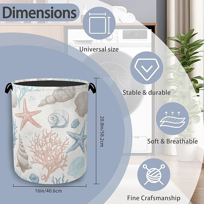 Starfish Laundry Hamper,Shell Coral Dirty Clothes Laundry Basket with Handles Waterproof Oxford Cloth Storage Basket for College Dorms Bathroom Bedroom 16" x 20.8"