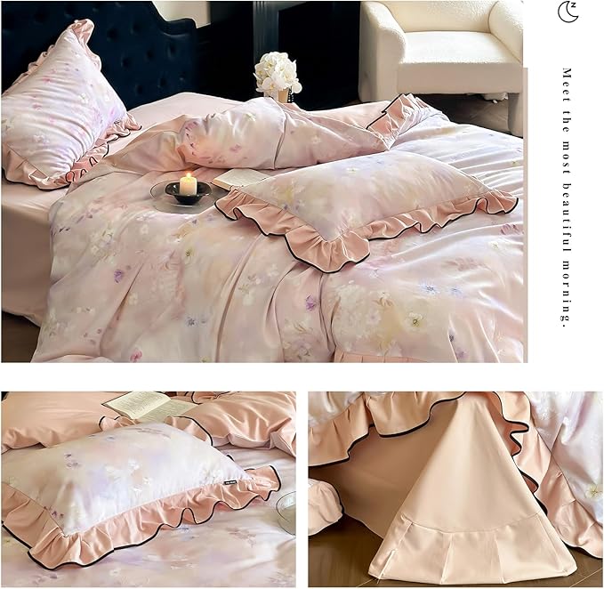 HighBuy Brushed Cotton Duvet Cover Full Ruffle Lace Floral Bedding French Style Floral Print,Vintage Duvet Cover Set Blush Flower Shabby Chic Bedding Comforter Cover Set，Soft and Breathable