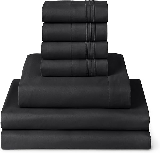 Mellanni Split King Sheet Set - 7-Piece Iconic Collection Bedding, (Including 4 Pillowcases), 16-Inch Deep Pocket, Easy Care, Extra Soft, Cooling Sheets, Brushed Microfiber - Black
