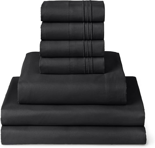 Mellanni Split King Sheet Set - 7-Piece Iconic Collection Bedding, (Including 4 Pillowcases), 16-Inch Deep Pocket, Easy Care, Extra Soft, Cooling Sheets, Brushed Microfiber - Black
