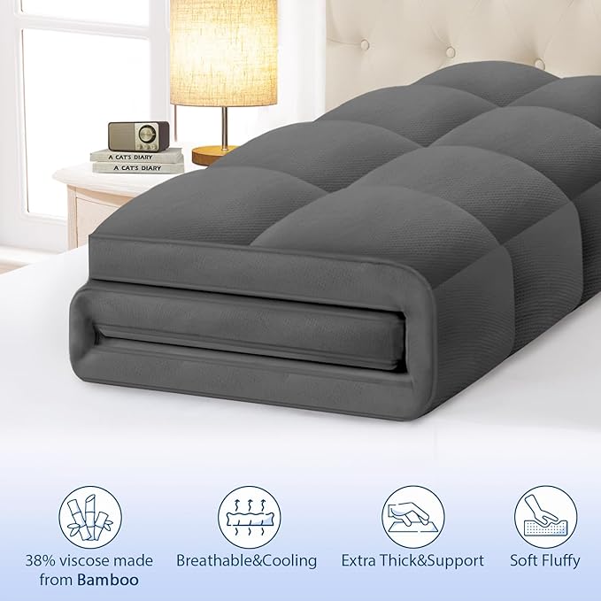 ELEMUSE Twin Grey Cooling Bamboo Viscose Mattress Topper for Back Pain, Extra Thick Mattress Pad Cover, Plush Soft Pillowtop with Elastic Deep Pocket, Overfilled Down Alternative Filling