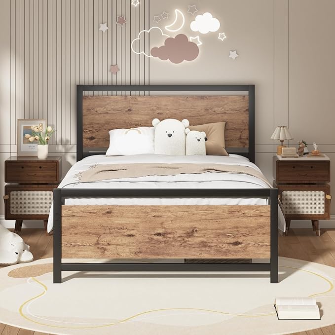 Twin Bed Frames with Headboard, Industrial Style Twin Bed Frame with Storage, Twin Size Bed Frames with Wooden Footboard, No Box Spring Needed, Noise-Free, Easy Assembly, Black Brown