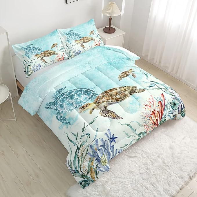 CVHOUSE Ocean Watercolor Sea Turtle Bedding Set - Kids Teens Comforter, Duvet, Quilt Set - Twin Size