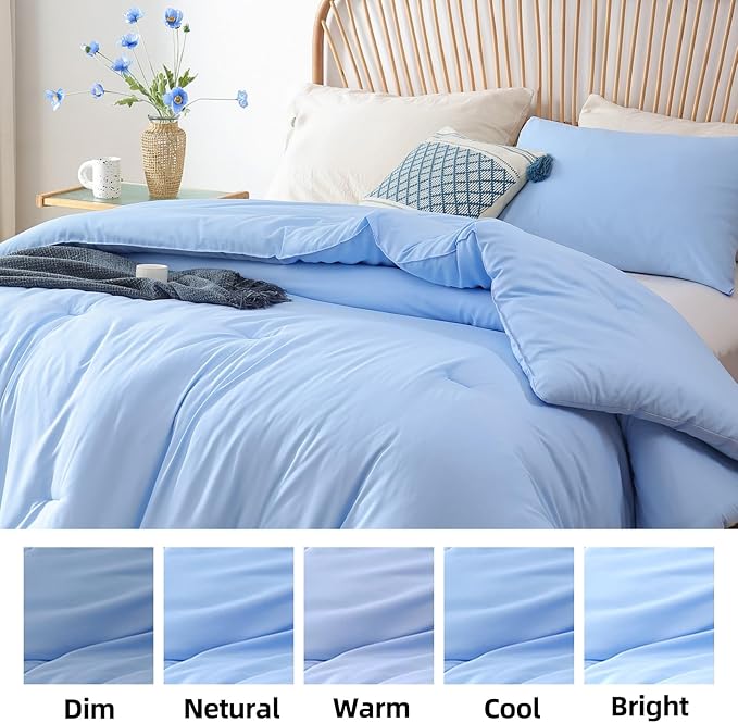 ROSGONIA King Size Comforter Set Light Blue, 3pcs King Comforter Set (1 Comforter & 2 Pillowcases) All Season Soft Lightweight Bedspread Blanket Quilt