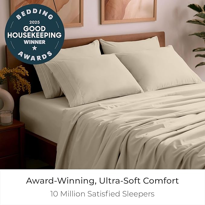 Mellanni King Sheet Set - 6-Piece Iconic Collection Bedding, (Including 4 Pillowcases), 16-Inch Deep Pocket, Easy Care, Extra Soft, Cooling Sheets, Brushed Microfiber - Beige