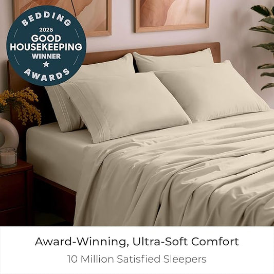 Mellanni Queen Sheet Set - 6-Piece Iconic Collection Bedding, (Including 4 Pillowcases), 16-Inch Deep Pocket, Easy Care, Extra Soft, Cooling Sheets, Brushed Microfiber - Beige