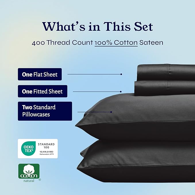 California Design Den Full Size Bed Sheets Set - Soft 400 Thread Count Sateen, Natural 100% Cotton Sheets with Deep Pockets, Breathable, and Durable Bedding Set - Black