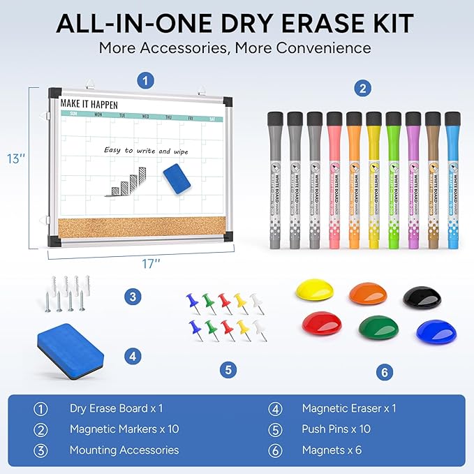 Monthly Calendar Whiteboard and Cork Board Combo for Wall, 17"x13" Reversible Hanging Dry Erase Board, Double Sided White Board with Aluminum Frame for Planning, Office, Kitchen, School, Home