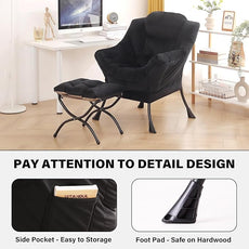 Tiita Lazy Chair with Ottoman, Modern Large Accent Lounge Armchair, Comfy Leisure Sofa Reading Chair with Footrest for Bedroom, Living Room, Dorm Rooms, Garden and Courtyard, Velvet Black