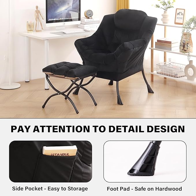 Tiita Lazy Chair with Ottoman, Modern Large Accent Lounge Armchair, Comfy Leisure Sofa Reading Chair with Footrest for Bedroom, Living Room, Dorm Rooms, Garden and Courtyard, Velvet Black